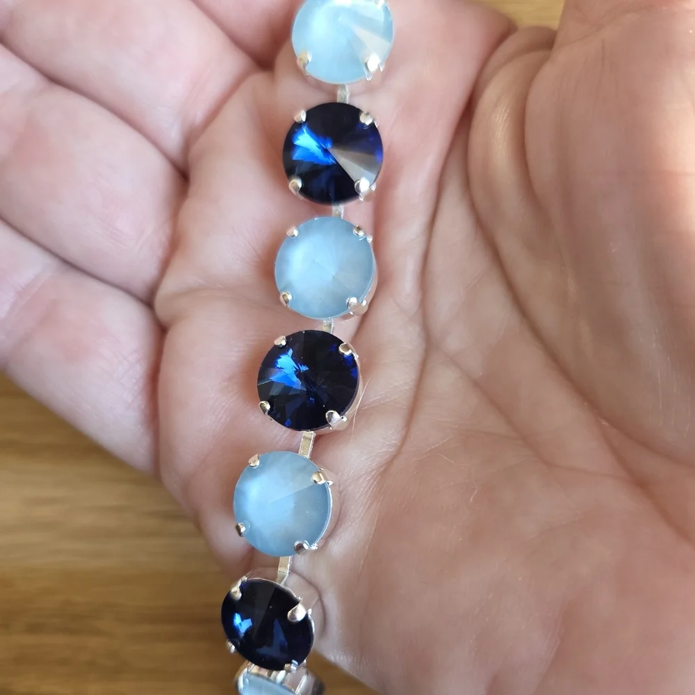 Silver Setting Bracelet, Blue Rivoli Crystals, Hand Crafted